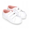 Washable Nappa leather tennis shoes laceless for little kids.