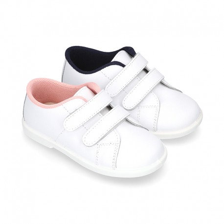 Washable Nappa leather tennis shoes laceless for little kids.