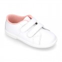 Washable Nappa leather tennis shoes laceless for little kids.