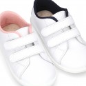 Washable Nappa leather tennis shoes laceless for little kids.