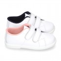 Washable Nappa leather tennis shoes laceless for little kids.