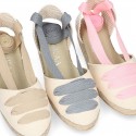 Cotton canvas girl espadrilles shoes Valenciana style with THREE COLORS RIBBONS design.