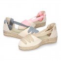 Cotton canvas girl espadrilles shoes Valenciana style with THREE COLORS RIBBONS design.