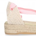 Cotton canvas girl espadrilles shoes Valenciana style with THREE COLORS RIBBONS design.