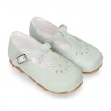 FLOWER design Girl T-Strap little Mary Jane shoes in soft suede leather.