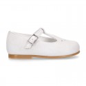 FLOWER design Girl T-Strap little Mary Jane shoes in soft suede leather.