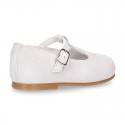 FLOWER design Girl T-Strap little Mary Jane shoes in soft suede leather.