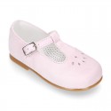 FLOWER design Girl T-Strap little Mary Jane shoes in soft suede leather.