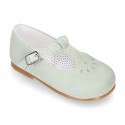 FLOWER design Girl T-Strap little Mary Jane shoes in soft suede leather.