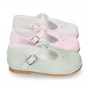 FLOWER design Girl T-Strap little Mary Jane shoes in soft suede leather.