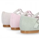 FLOWER design Girl T-Strap little Mary Jane shoes in soft suede leather.