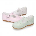 FLOWER design Girl T-Strap little Mary Jane shoes in soft suede leather.