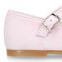 FLOWER design Girl T-Strap little Mary Jane shoes in soft suede leather.