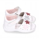 Washable leather sandals with STARS and hook and loop strap for little girls.