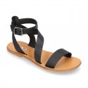 Cowhide leather girl sandal shoes and with buckle closure to the ankle.