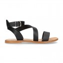 Cowhide leather girl sandal shoes and with buckle closure to the ankle.