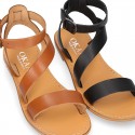 Cowhide leather girl sandal shoes and with buckle closure to the ankle.