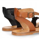 Cowhide leather girl sandal shoes and with buckle closure to the ankle.