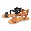 Cowhide leather girl sandal shoes and with buckle closure to the ankle.