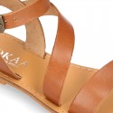 Cowhide leather girl sandal shoes and with buckle closure to the ankle.