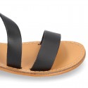 Cowhide leather girl sandal shoes and with buckle closure to the ankle.