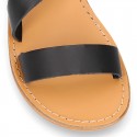 Cowhide leather girl sandal shoes and with buckle closure to the ankle.