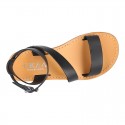 Cowhide leather girl sandal shoes and with buckle closure to the ankle.