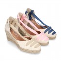 Cotton canvas girl espadrilles shoes Valenciana style with THREE COLORS RIBBONS design.