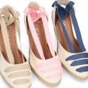 Cotton canvas girl espadrilles shoes Valenciana style with THREE COLORS RIBBONS design.