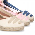 Cotton canvas girl espadrilles shoes Valenciana style with THREE COLORS RIBBONS design.