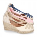 Cotton canvas girl espadrilles shoes Valenciana style with THREE COLORS RIBBONS design.