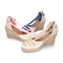 Cotton canvas girl espadrilles shoes Valenciana style with THREE COLORS RIBBONS design.