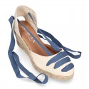 Cotton canvas girl espadrilles shoes Valenciana style with THREE COLORS RIBBONS design.