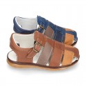 Nappa leather casual kids Sandal shoes with buckle fastening.