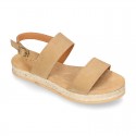 Cowhide leather sandal shoes espadrille style with braided design and buckle closure to the ankle.