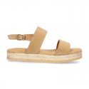 Cowhide leather sandal shoes espadrille style with braided design and buckle closure to the ankle.