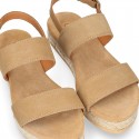 Cowhide leather sandal shoes espadrille style with braided design and buckle closure to the ankle.