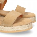 Cowhide leather sandal shoes espadrille style with braided design and buckle closure to the ankle.