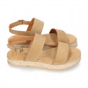 Cowhide leather sandal shoes espadrille style with braided design and buckle closure to the ankle.