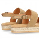 Cowhide leather sandal shoes espadrille style with braided design and buckle closure to the ankle.