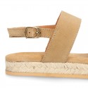 Cowhide leather sandal shoes espadrille style with braided design and buckle closure to the ankle.