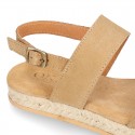 Cowhide leather sandal shoes espadrille style with braided design and buckle closure to the ankle.