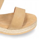 Cowhide leather sandal shoes espadrille style with braided design and buckle closure to the ankle.