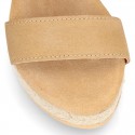 Cowhide leather sandal shoes espadrille style with braided design and buckle closure to the ankle.