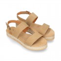 Cowhide leather sandal shoes espadrille style with braided design and buckle closure to the ankle.