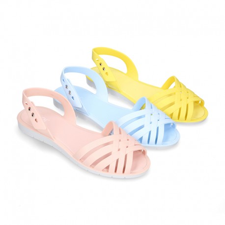 Women Ballet flat style jelly shoes sandal style for the Beach and Pool i SOLID colors.