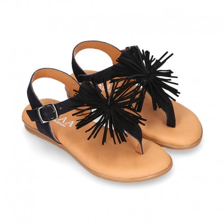 BLACK leather sandal shoes with POMPON design for girls.