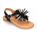 BLACK leather sandal shoes with POMPON design for girls.