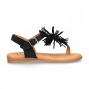 BLACK leather sandal shoes with POMPON design for girls.