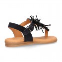 BLACK leather sandal shoes with POMPON design for girls.